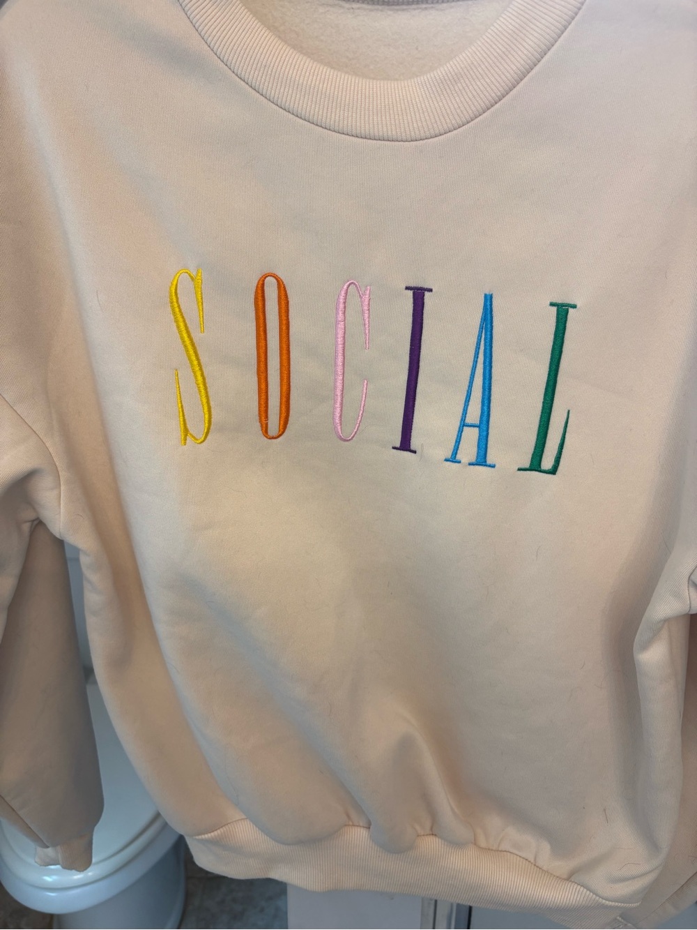 Cream Crewneck Sweatshirt with Rainbow 'SOCIAL' Embroidery - Unbranded - Picture 2 of 5